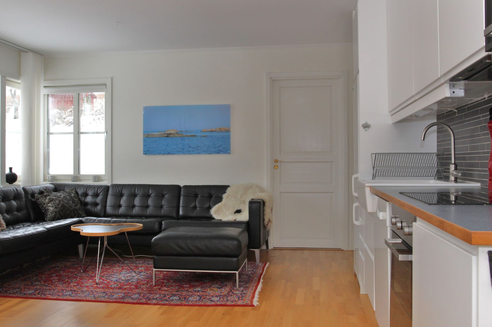 En moderne stue med en sort lædersofa, et rødt mønstret tæppe, et lille sofabord, et fåreskindstæppe og et køkkenområde til højre. Et stort foto af et havlandskab hænger på væggen.