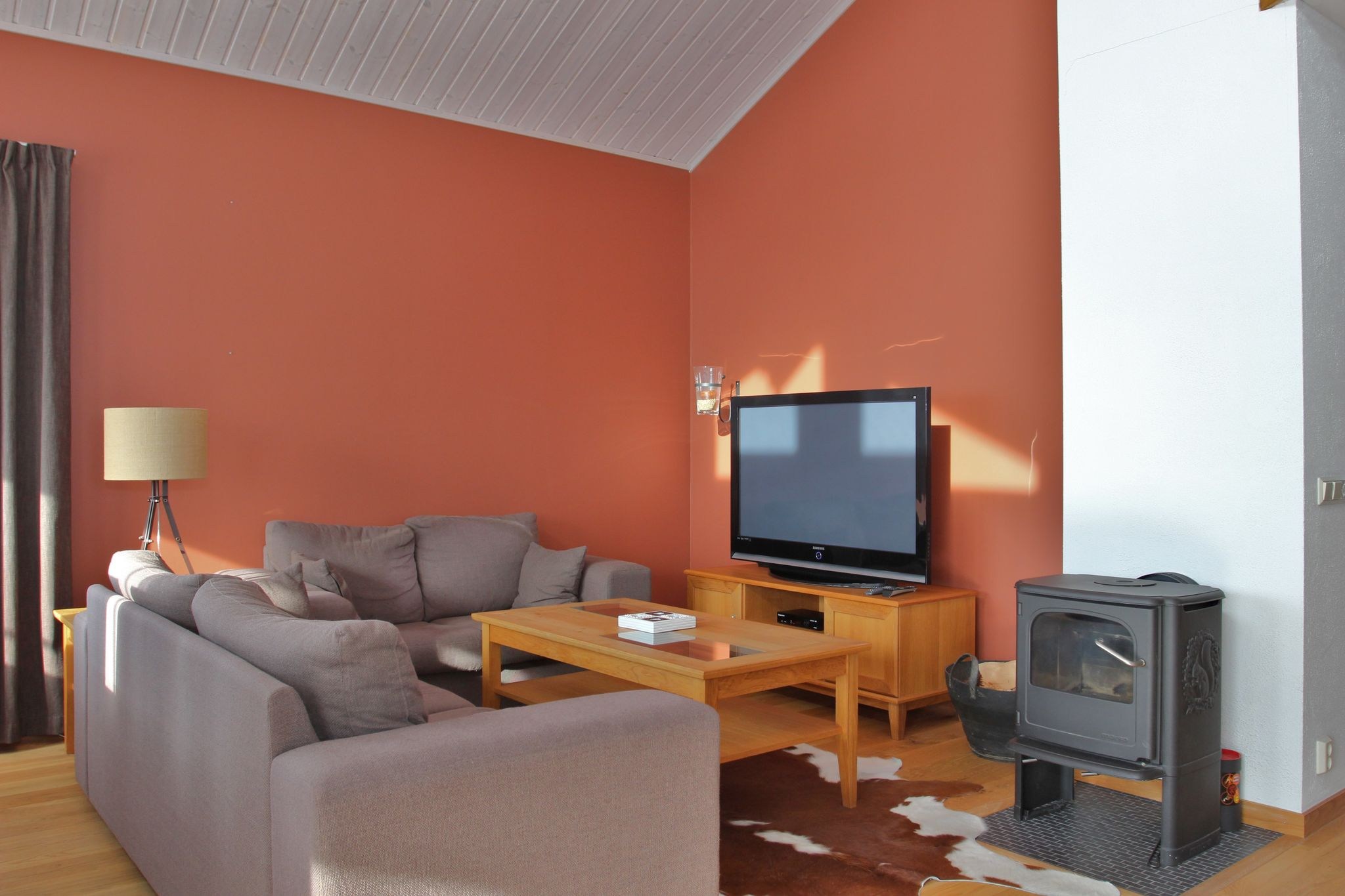 En hyggelig stue med to grå sofaer, et sofabord i træ, et tv på en træstander, en lampe, et kuskindstæppe og en sort brændeovn mod en orange væg. Lys strømmer ind fra venstre.