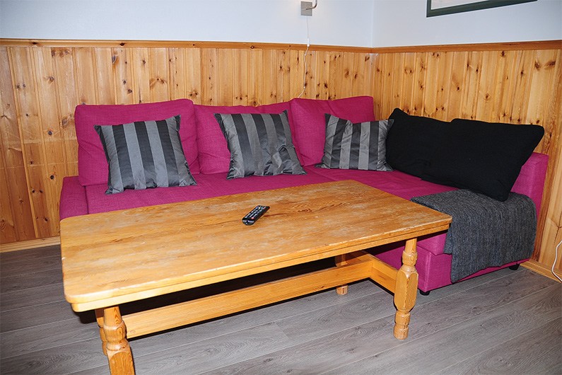 Et sofabord af træ med en fjernbetjening står foran en lyserød sofa med stribede og ensfarvede hynder. Værelset har træpaneler på væggene og gråt gulv. Et mørkt tæppe er draperet over sofaen.