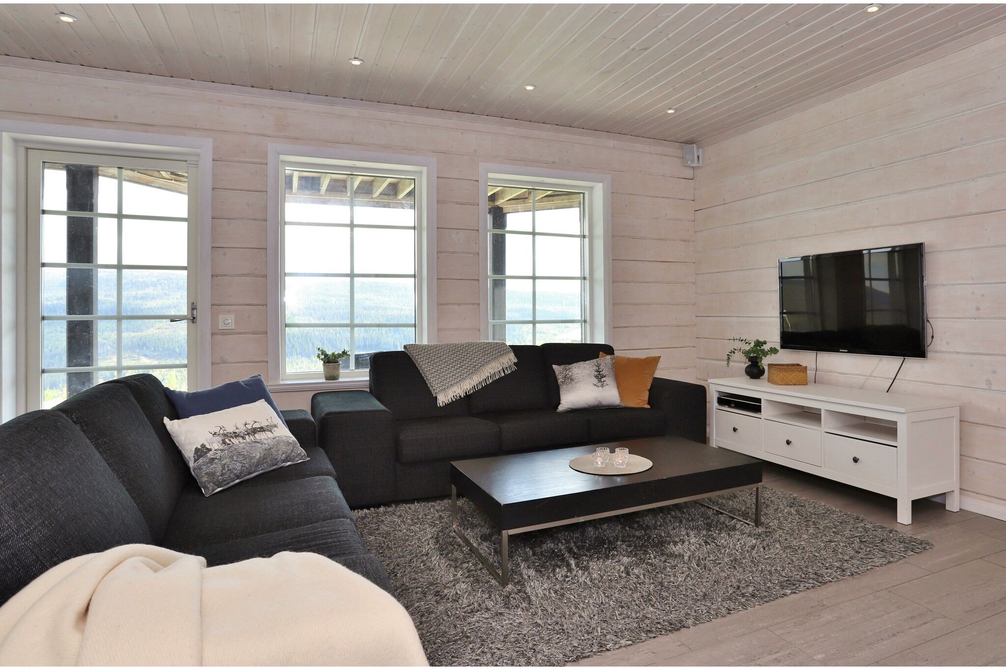 En moderne stue med lyse træpaneler på væggene, store vinduer med udsigt over bjergene, en mørk sofa med hynder, et gråt tæppe, et sort sofabord og et hvidt tv-bord med et fladskærms-tv.