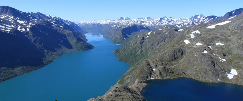 En fantastisk udsigt over en snoet, dybblå fjord omgivet af barske, sneklædte bjerge under en klar blå himmel. Landskabet, der minder om en sommerferie i Saalbach, er en blanding af grøn vegetation og stenet terræn.