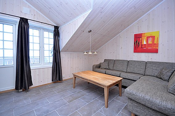 En hyggelig stue i hjertet af Wagrain med en grå L-formet sofa, et sofabord i træ og et farverigt abstrakt maleri. Rummet kan prale af lette træpaneler på vægge og loft, store vinduer med mørke gardiner og et moderne loftslys - perfekt til at slappe af efter en dag på pisterne.