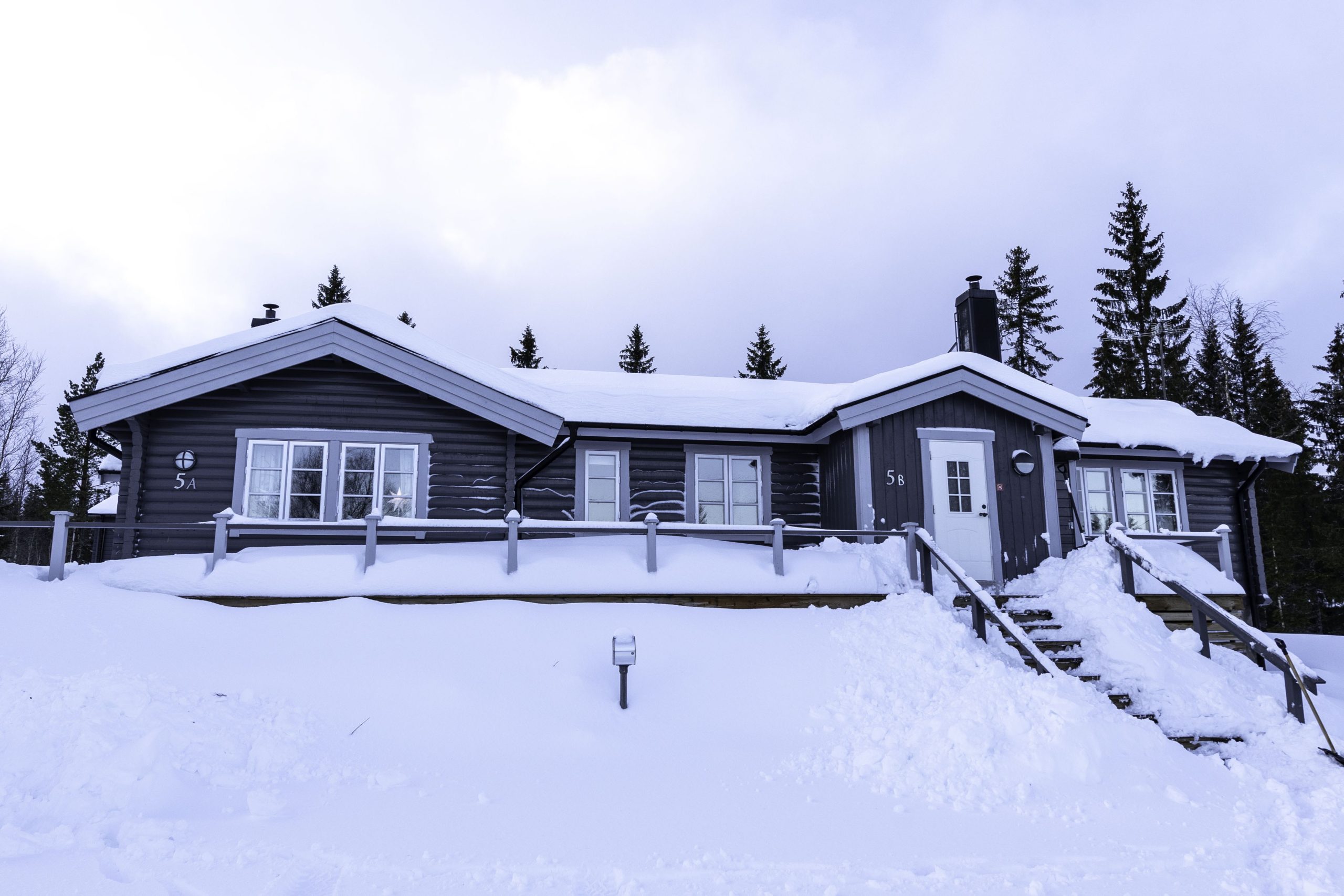 En snedækket træhytte med skrånende tag, store vinduer og skorsten. Perfekt til skiferie-entusiaster, huset er omgivet af sne med trin, der fører til indgangen. Fyrretræer er synlige i baggrunden under en overskyet himmel.