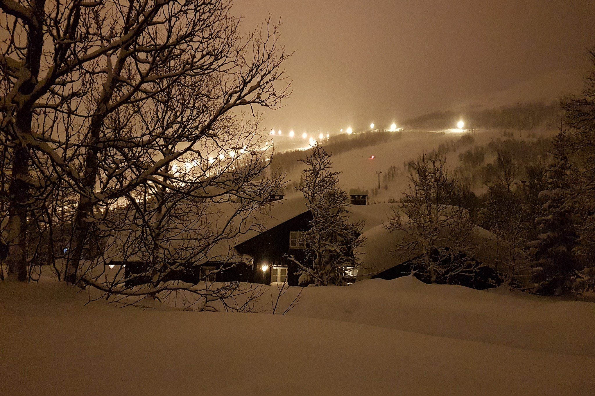 En snedækket hytte omgivet af bladløse træer om natten skaber en malerisk skiferiescene. Området er blidt oplyst af lysende lys fra Westendorf i det fjerne, der kaster en varm nuance over sneen og det fortryllende vinterlandskab.