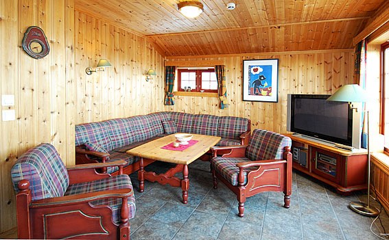 En hyggelig stue med trævægge og -loft, der minder om et charmerende Saalbach-retræte, med et plaid-sofasæt omkring et sofabord i træ. Et fladskærms-tv er på en træstativ til højre. Et indrammet billede og et lille vindue er på væggen.
