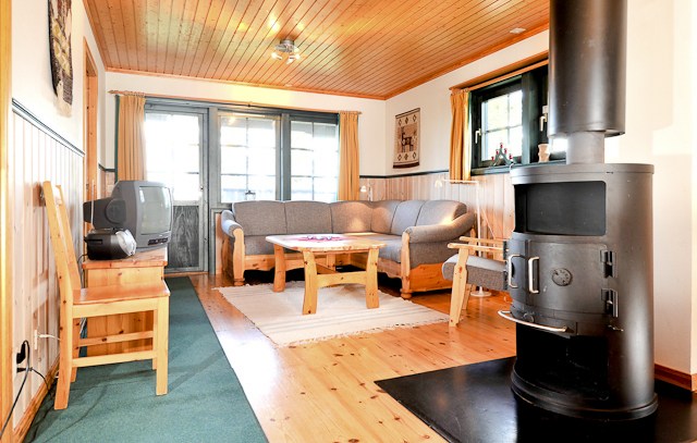 En hyggelig stue med trævægge og loft, perfekt til afslapning efter en eventyrlig skitur til Saalbach. Den har en grå sofa, et træbord og stole. En sort brændeovn står i hjørnet, og et tv står på en lille stander. Store vinduespartier slipper naturligt lys ind.