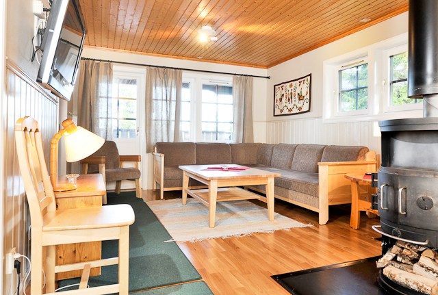 En hyggelig stue perfekt til at slappe af efter en dag på Saalbach-skråningerne, med træloft, hjørnesofa og sofabord på et tæppe. Et TV er monteret på væggen, og en lampe sidder på et sidebord. En brændeovn varmer rummet op, når naturligt lys strømmer ind gennem vinduerne.
