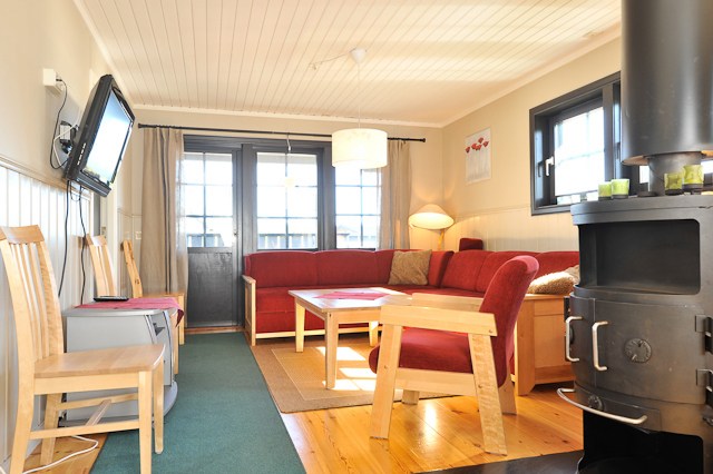 En hyggelig stue i et Wagrain-inspireret design har en rød sofa, træstole, fjernsyn og moderne pejs. Den oplyses af naturligt lys fra store vinduer og kan prale af et grønt tæppe og lyse trægulve. Det hvide panelloft giver et charmerende præg, der minder om en østrigsk sommerferie.