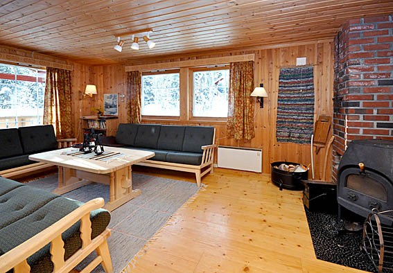 En hyggelig stue med trævægge og loft, der minder om en traditionel Wagrain-lodge. Den har to mørkegrønne sofaer, et sofabord i træ og en muret pejs. Store vinduer med blomstergardiner byder velkommen til naturligt lys, mens et vævet tæppe tilføjer varme til trægulvet.