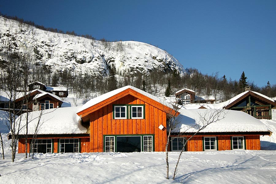 En malerisk træhytte med snedækket tag ligger i et roligt vinterlandskab, der minder om den betagende udsigt i Saalbach. Majestætiske snedækkede bjerge danner baggrunden under en klar blå himmel. Bladløse træer er spredt rundt i kabinen, hvilket bidrager til den fredfyldte atmosfære.