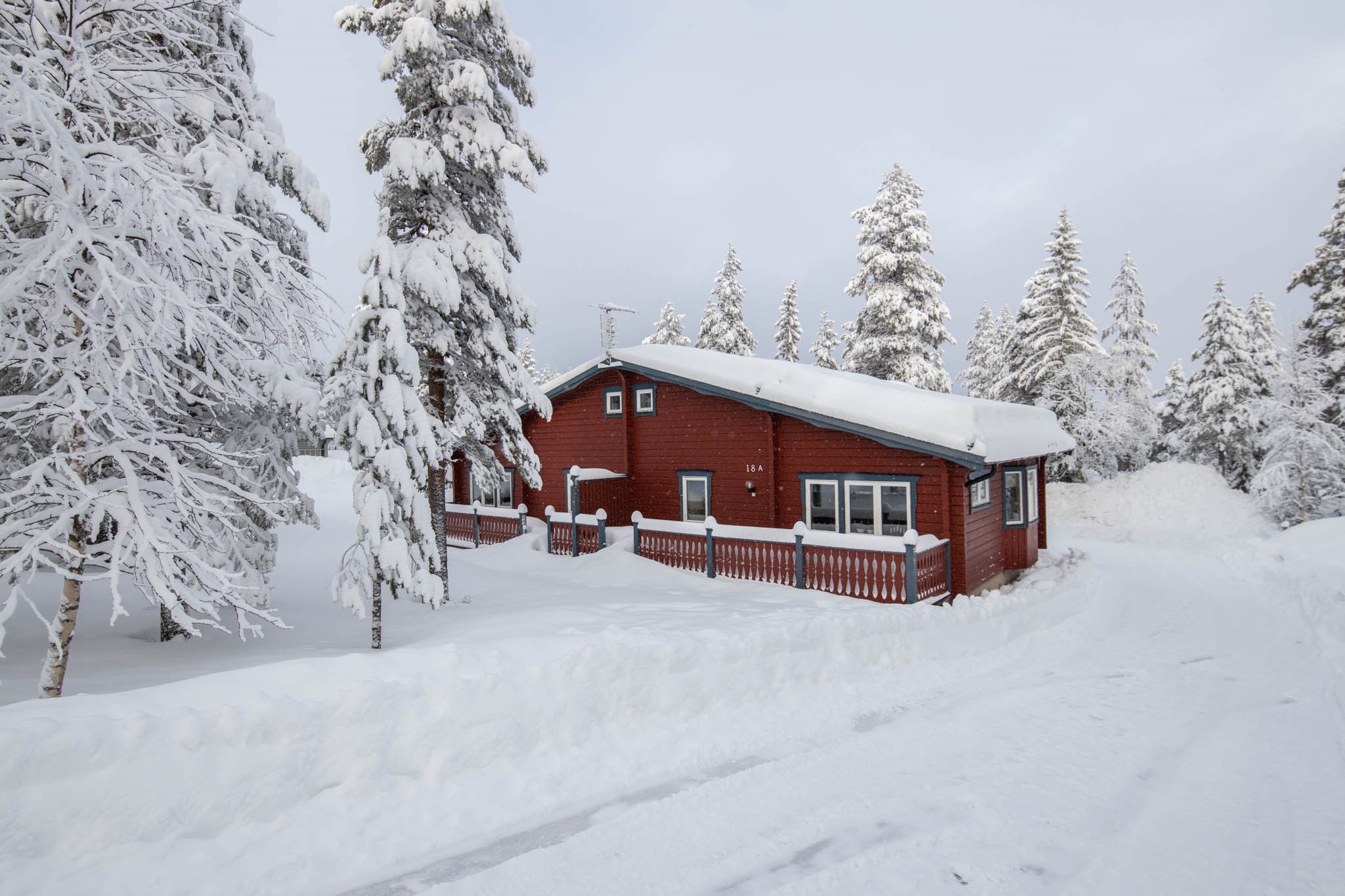 En rød hytte omgivet af snedækkede træer og et tæppe af sne på jorden fanger den rolige skønhed ved en skirejsedestination. Den overskyede himmel fremhæver dette fredfyldte vinterlandskab, der minder om charmerende scener fundet i Westendorf under en fredelig skiferie.