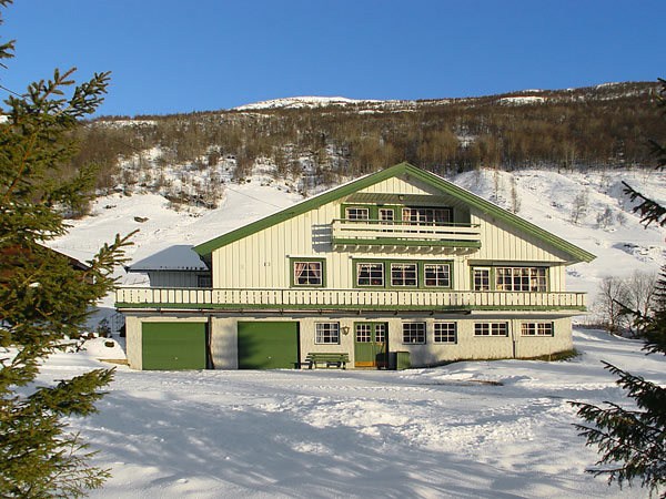 Et stort hus i chalet-stil malet i grønt og hvidt ligger midt i et sneklædt landskab i Saalbach. Det har altaner på de øverste niveauer og to grønne garageporte. Snedækkede bakker og klar blå himmel er synlige i baggrunden, med træer, der indrammer denne scene af alpine skønhed.