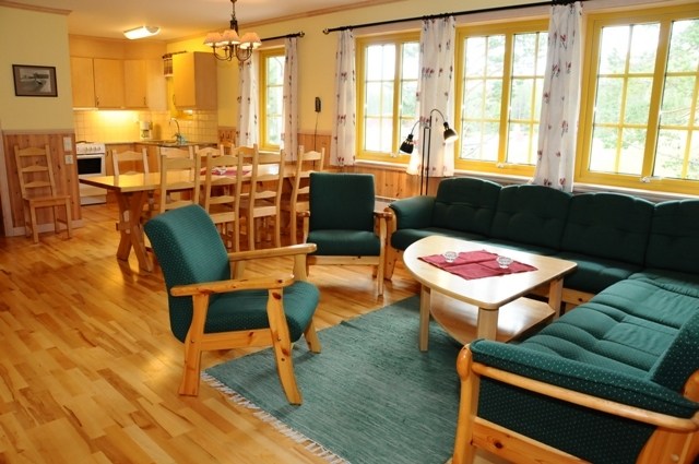 En hyggelig stue med træmøbler, herunder grønne polstrede stole og en sofa, fremkalder varmen fra et afterski-retræte. Et spisebord med seks stole sidder i baggrunden. Et køkken er synligt til venstre, og store vinduer slipper naturligt lys ind i lighed med Saalbachs alpine skær.